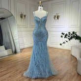 Arabic Blue Spaghetti Strap Feathers Beaded Luxury Dubai Evening Dresses Gowns For Women Wedding Party 2025 LA72527