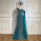Robe de soirée sirène verte asymétrique à perles et manches cape latérales pour une occasion formelle LA72600 2025