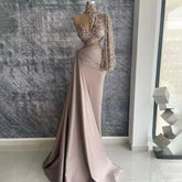 Arabic Caramel Satin Mermaid Elegant One Shoulder Beaded Evening Dresses Gowns 2025 For Women Wedding Party LA71936