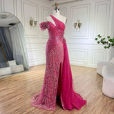 Arabic Fuchsia One-Shoulder Tulle Overskirt Mermaid Beaded Evening Gown for Women | Wedding Party 2025 LA72599