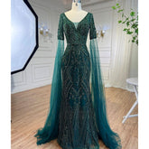 Arabic Green Mermaid Elegant Beaded Evening Dresses With Cape Sleeves Gowns For Women Wedding Party 2025 LA72131