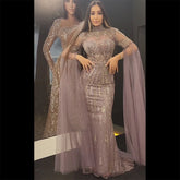 Arabic Mermaid Purple Cape Sleeves Elegant Beaded Evening Dresses Luxury Gowns 2025 For Women Wedding Party LA72129