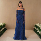 Arabic Navy Blue A-Line Spaghetti Strap Beaded Long Evening Dresses for Women Elegant Party 2025 LA72469