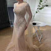 Arabic Nude Mermaid Cape Sleeves Elegant Beaded Evening Dresses Luxury Gowns 2025 For Women Wedding Party LA72165