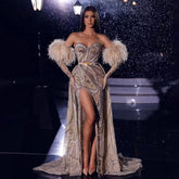 Arabic Luxury Nude Mermaid Sexy High Split Beaded Feathers Evening Dresses Long 2025 For Woman Wedding Party LA71910