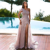 Robe de soirée sirène rose arabe asymétrique, sexy, fendue haute, avec perles, pour femmes, fête de mariage, 2025, LA71967