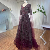 Arabic Purple A Line Beaded Evening Dresses V Neck With Cape Sleeves Gowns For Women Wedding Party 2025 LA72146