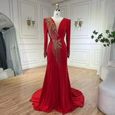 Vestidos de noche de lujo estilo sirena roja árabe con borlas y cuentas, estilo Dubai, colección 2025 para mujer, ideales para bodas y fiestas (LA72494)