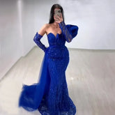 Vestidos de noche de lujo estilo sirena azul real árabe con cuentas, elegantes, para mujer, ideales para bodas y fiestas (LA72222)