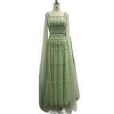 Vestido largo de noche de lujo estilo Dubái, corte en A, color verde salvia árabe, con cuentas y mangas tipo capa para mujer - Fiesta 2025 LA72595