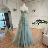 Vestido de noche elegante de corte A, color verde salvia árabe, con hombros descubiertos y bordado de lujo con cuentas, ideal para bodas y fiestas (2025) LA72605