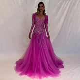 On Sale no return no refund Arabic Sexy Sweetheart Fuchsia A Line Long Sleeves Luxury Beaded Evening Dresses Gowns For Women Party 2025 LA71810