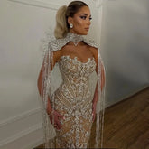 Arabic Nude Strapless Mermaid Tassel Beaded Luxury Evening Dress Gown LA72237