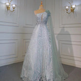 Vestido de noche árabe turquesa, corte en A, sexy, con un solo hombro, mangas tipo capa, lujoso, con cuentas, para mujer, ideal para fiestas (LA71741)