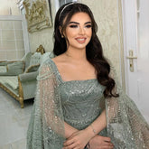 Vestido de noche largo hasta el suelo, estilo árabe, color turquesa, con mangas tipo capa, perlas y cuentas, para mujer, modelo 2025 LA72590