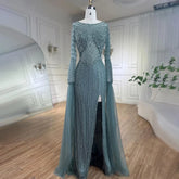 Arabic Turquoise Mermaid Beaded Elegant Cape Sleeves Luxury Evening Dress Gown For Women Wedding Party 2025 LA72246