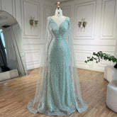 Arabic Turquoise Mermaid Dubai Evening Dress with Elegant Luxury Beaded Cape Sleeves for Women's Party 2025 LA72574