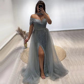 Arabic Turquoise Sexy One Shoulder Beaded Mermaid High Split Evening Dresses Party Gowns 2025 For Women LA72203