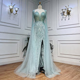 On Sale no return no refund Arabic Turquoise V Neck Mermaid Beaded Sexy Open Split Evening Dresses Gowns 2025 For Women Wedding Party LA72006