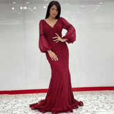 Robe de soirée sirène élégante rouge vin arabe, manches bouffantes, dentelle et perles, pour femmes, fête de mariage, LA71927, 2025