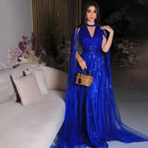 Robe de soirée élégante de style arabe bleu, coupe trapèze, manches cape et perles, luxueuse tenue de soirée pour femmes, modèle 2025, LA72171