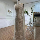 Beige Mermaid Shawl Yarn Sexy Beaded Feathers Luxury Dubai Evening Dresses Gowns 2025 For Women Party LA72142