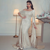 Beige One Shoulder Cape Sleeve Elegant Mermaid Evening Dresses Gowns 2025 Beaded Luxury For Woman Party LA71694
