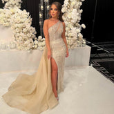 Beige Sexy High Split Elegant Evening Dresses Gowns Mermaid Beaded With Overskirt 2025 For Women Party LA71623