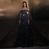 Robe de soirée noire sexy sans bretelles, coupe trapèze, manches cape, luxueuse, ornée de perles et de cristaux, pour femme, modèle LA71824, 2025