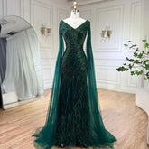 Robe de soirée sirène noire à manches cape et fente haute, luxueuse robe de soirée perlée et plumes, pour femmes, modèle LA72216, 2025