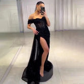 Vestidos de noche negros estilo sirena con abertura alta, elegantes sobrefalda para mujer, colección 2025, modelo LA71661