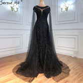 Black Sleeves Luxury 2025 Lace Beaded Cape Sleeves Mermaid Evening Gowns Elegant For Woman Party LA71173