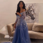 Vestido de noche de lujo azul, corte A, sexy, con hombros descubiertos, mangas tipo capa y cuentas, estilo árabe, para mujer, 2025 LA71836