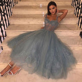 Vestido de noche azul hasta el tobillo 2025, sin mangas, sencillo, sexy, de encaje, diseño formal LA70767