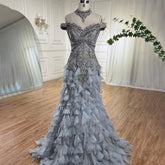 Vestidos de noche de lujo estilo sirena árabe azul con perlas y cuentas, elegantes para mujer, ideales para bodas y fiestas 2025 LA72164