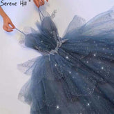 Vestidos de noche azules con cuentas brillantes, tirantes finos, sexys, 2025, para mujer, fiesta LA71292