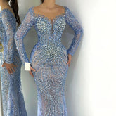 Vestidos de noche elegantes de sirena azul estilo Dubái, Arabia, con lujo de cuentas y perlas, para mujer, ideales para bodas y fiestas (LA72264)