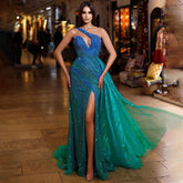 Vestido largo de noche estilo sirena azul verdoso, sexy, con abertura alta, un solo hombro y cuentas, para mujer, ideal para bodas y fiestas (LA72104)