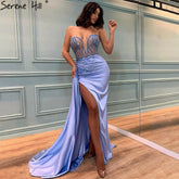 Vestidos de noche de sirena con abertura alta azul, estilo 2025, con cuentas, elegantes, para mujer, ideales para fiestas (LA71262)