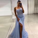 Robe de soirée sirène bleue fendue avec jupe bustier et perles pour femme, tenue de soirée 2025 LA71795