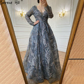 Robe de soirée bleue en dentelle et perles, coupe trapèze, luxueuse, pour femme, tenue de mariage, modèle LA71249, 2025
