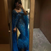 Blue Mermaid Ankle Length Feather Beaded Evening Dress Gown with Cape LA71841A