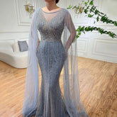 Robe de soirée longue sirène bleue élégante, manches cape, perles, style arabe, pour femmes, fête de mariage, 2025, LA72173