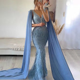 Robe de soirée sirène bleue élégante, manches cape, perles et plumes, luxueuse, pour femme, modèle LA71583A, 2025