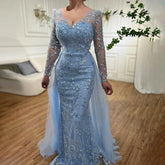 Blue Mermaid Elegant With Train Beaded Luxury Arabic Evening Dresses Gowns For Women Wedding Party 2025 LA71851