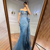 Blue Mermaid Lace Beaded Formal Occasion Evening Dresses With Overskirt Or Woman Wedding Party Gowns LA72042