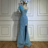 Blue Mermaid One Shoulder Beaded Evening Gown High Split and Feathers for Formal Occasion 2025 LA72347