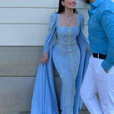 Luxury Blue Mermaid Muslim Evening Dresses with Cape Sleeves LA72050