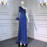 Vestidos de noche sirena azul de un solo hombro, elegantes y lujosos, con cuentas y plumas, para mujer, ideales para fiestas (LA71612)