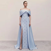 Robe de soirée sirène en satin bleu, simple et élégante, fendue, col bateau, perles, pour femme, modèle LA72458, 2025
